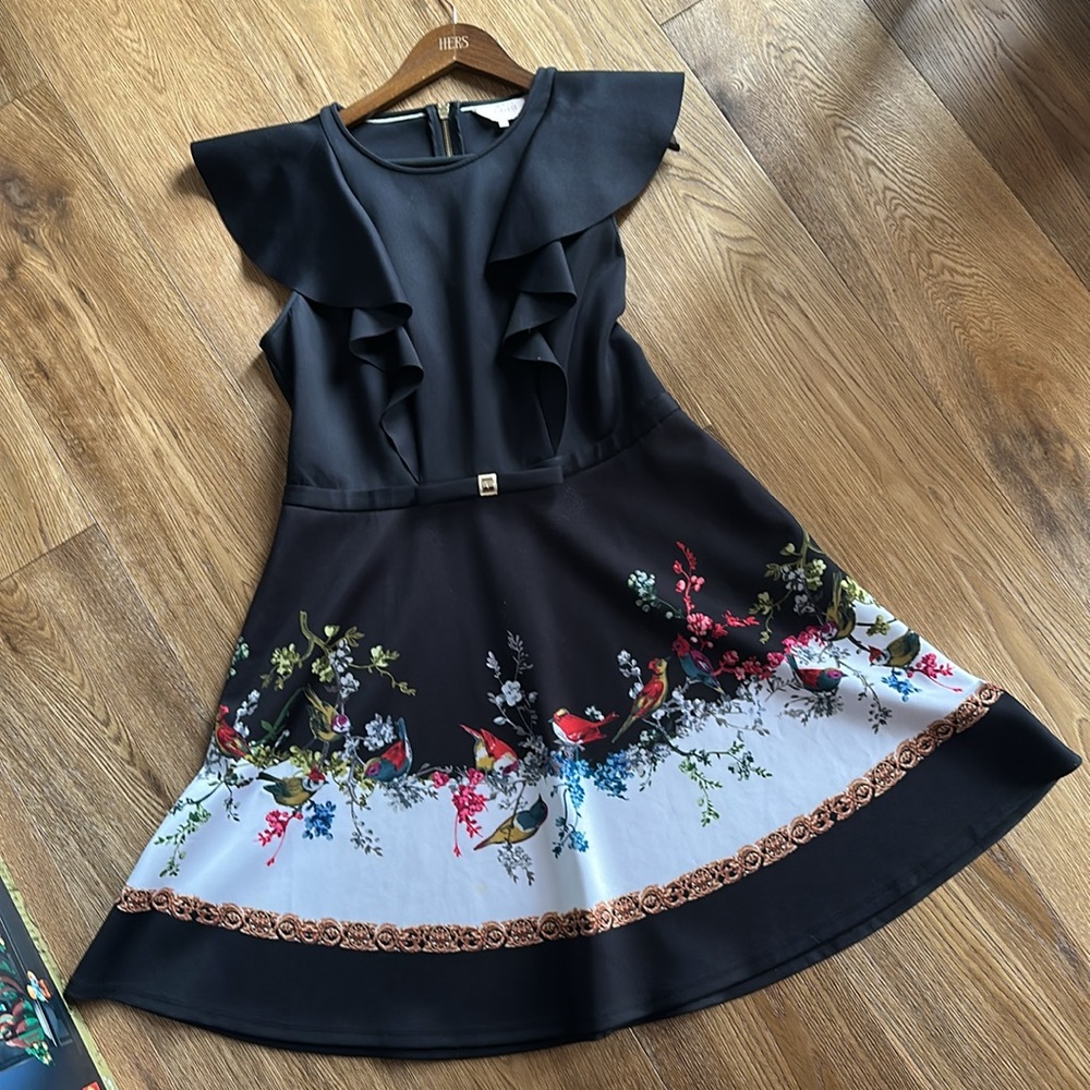 Ted Baker 5/12 Shaelin floral birds black dress L